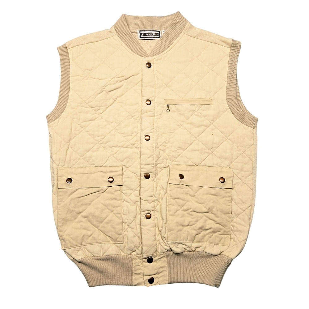 Vintage Chess King Mens Large Quilted Vest Beige Canvas Utility Snap Pockets 80s